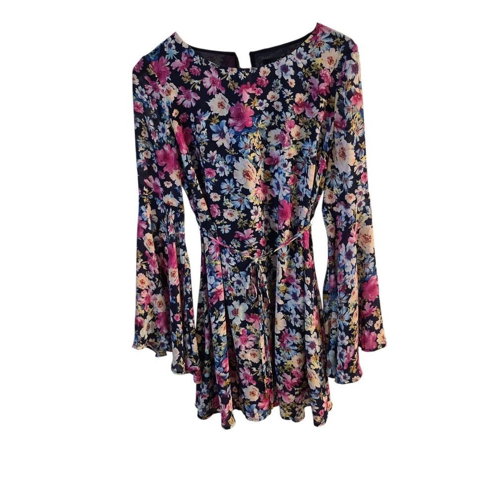 Lulu's S Floral Mini Dress Bell Sleeve Cottage Tie Waist Romantic Flirty Dance